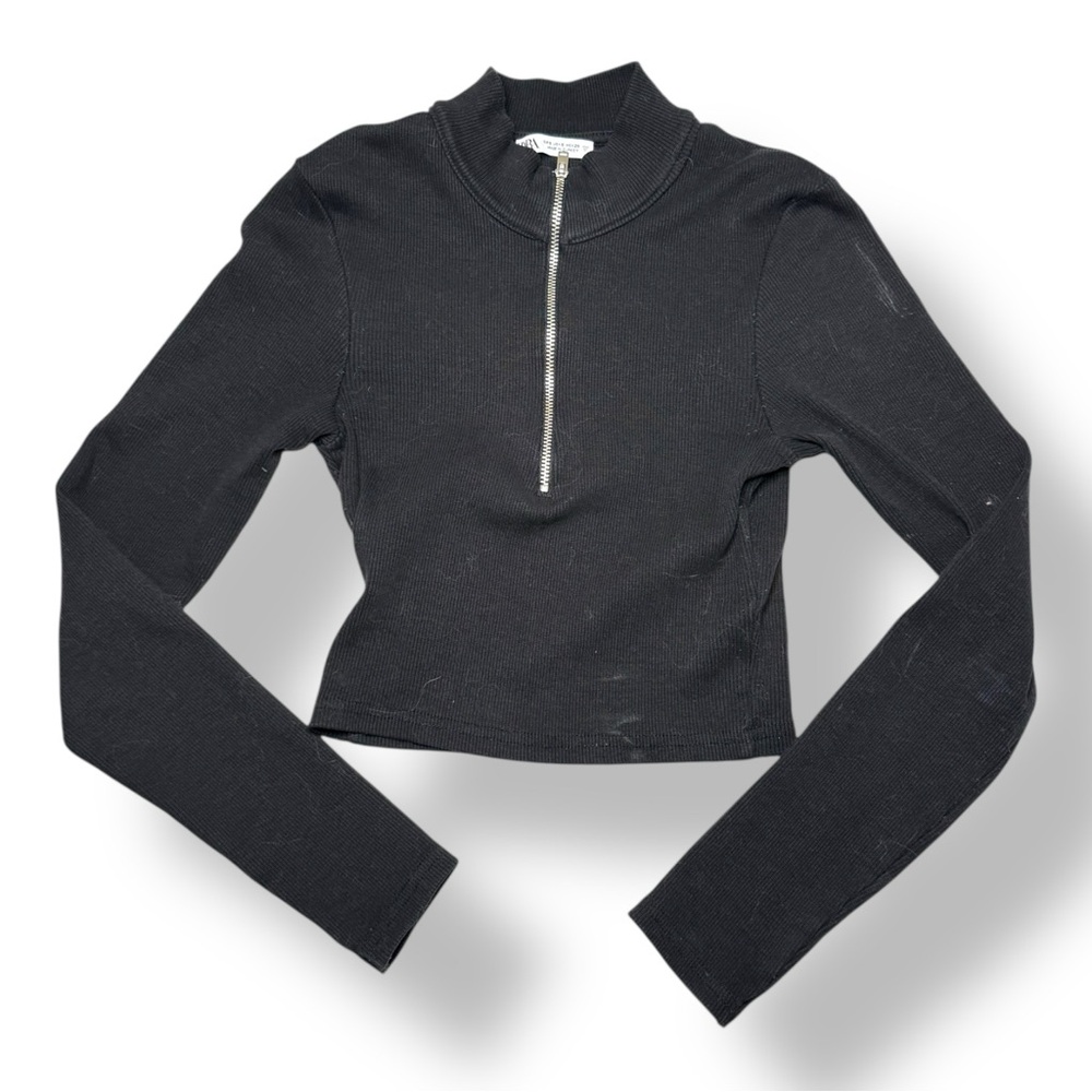 Zara Black Long Sleeve Top with Front Zip